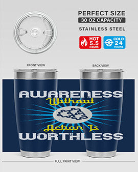 Awareness without Action tumbler in stainless steel with a sleek design, showcasing its double wall vacuum insulation and drink-thru lid.