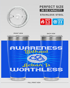 Awareness without Action tumbler in stainless steel with a sleek design, showcasing its double wall vacuum insulation and drink-thru lid.