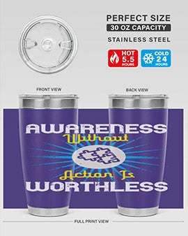 Awareness without Action tumbler in stainless steel with a sleek design, showcasing its double wall vacuum insulation and drink-thru lid.