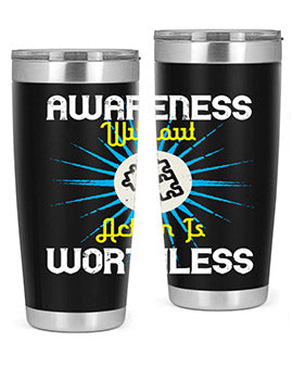 Awareness without Action tumbler in stainless steel with a sleek design, showcasing its double wall vacuum insulation and drink-thru lid.