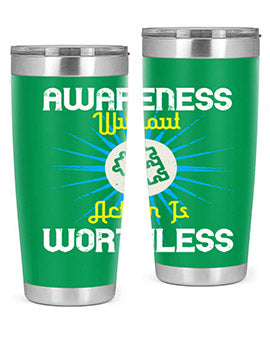 Awareness without Action tumbler in stainless steel with a sleek design, showcasing its double wall vacuum insulation and drink-thru lid.