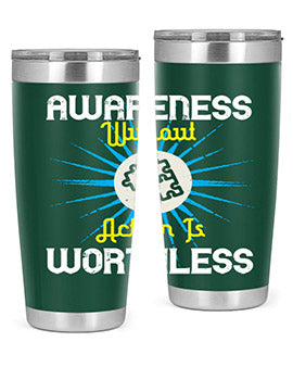 Awareness without Action tumbler in stainless steel with a sleek design, showcasing its double wall vacuum insulation and drink-thru lid.