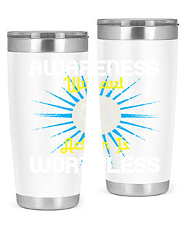 Awareness without Action tumbler in stainless steel with a sleek design, showcasing its double wall vacuum insulation and drink-thru lid.