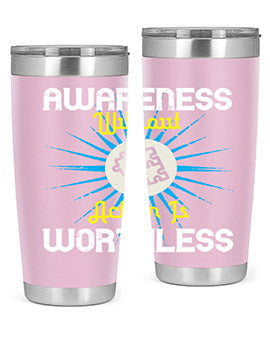 Awareness without Action tumbler in stainless steel with a sleek design, showcasing its double wall vacuum insulation and drink-thru lid.