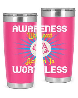 Awareness without Action tumbler in stainless steel with a sleek design, showcasing its double wall vacuum insulation and drink-thru lid.