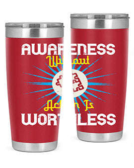 Awareness without Action tumbler in stainless steel with a sleek design, showcasing its double wall vacuum insulation and drink-thru lid.