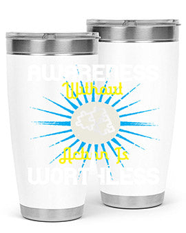 Awareness without Action tumbler in stainless steel with a sleek design, showcasing its double wall vacuum insulation and drink-thru lid.