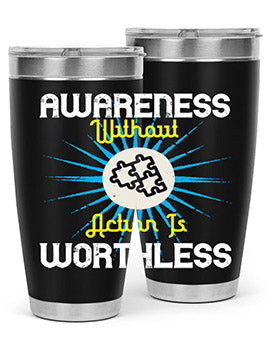 Awareness without Action tumbler in stainless steel with a sleek design, showcasing its double wall vacuum insulation and drink-thru lid.