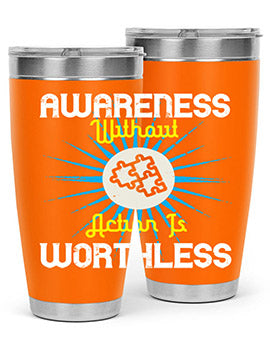 Awareness without Action tumbler in stainless steel with a sleek design, showcasing its double wall vacuum insulation and drink-thru lid.