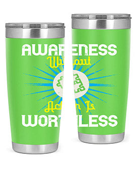 Awareness without Action tumbler in stainless steel with a sleek design, showcasing its double wall vacuum insulation and drink-thru lid.