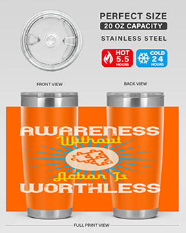 Awareness without Action tumbler in stainless steel with a sleek design, showcasing its double wall vacuum insulation and drink-thru lid.