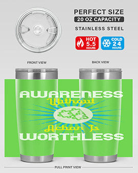 Awareness without Action tumbler in stainless steel with a sleek design, showcasing its double wall vacuum insulation and drink-thru lid.