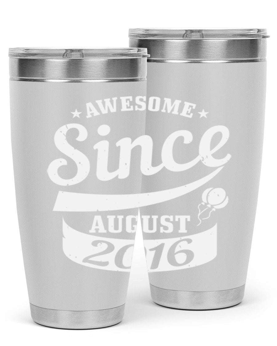 Awesome Since August Style 11# birthday tumbler, 20oz double wall vacuum stainless steel with copper lining, featuring a drink-thru lid.