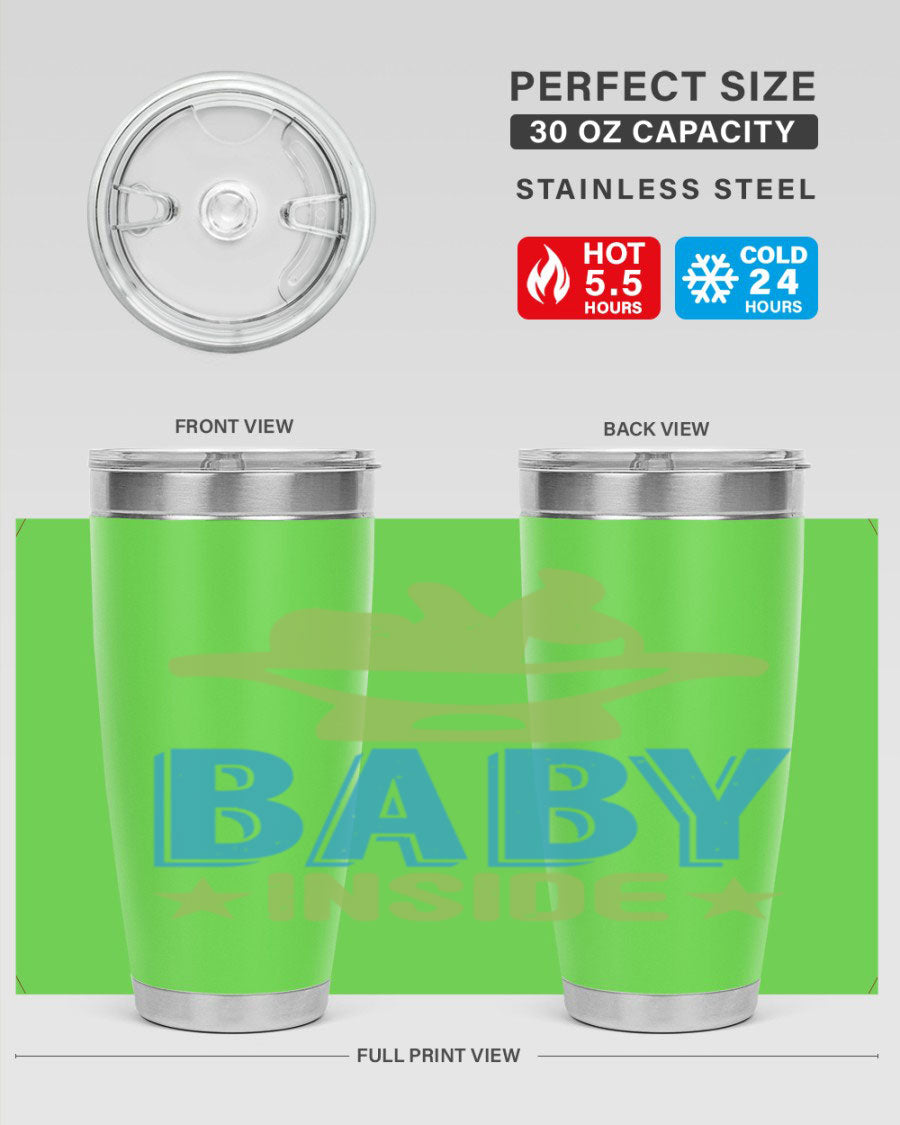 Baby Inside Style 153# 20oz tumbler in stainless steel with a drink-thru lid, showcasing its sleek design and double wall vacuum insulation.