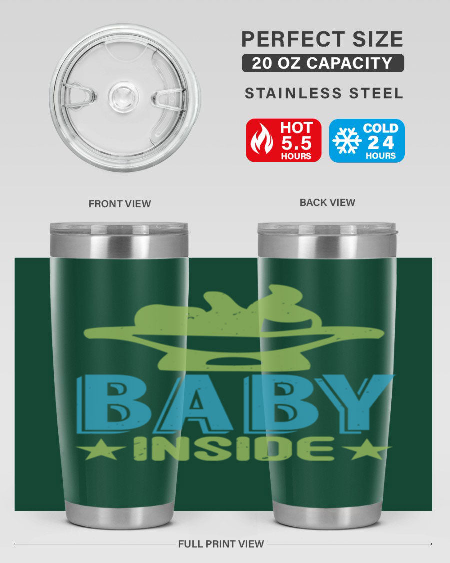 Baby Inside Style 153# 20oz tumbler in stainless steel with a drink-thru lid, showcasing its sleek design and double wall vacuum insulation.