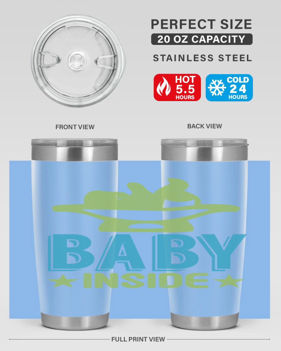 Baby Inside Style 153# 20oz tumbler in stainless steel with a drink-thru lid, showcasing its sleek design and double wall vacuum insulation.