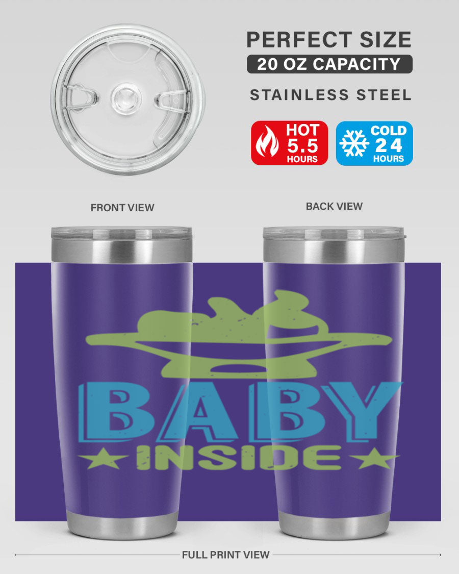 Baby Inside Style 153# 20oz tumbler in stainless steel with a drink-thru lid, showcasing its sleek design and double wall vacuum insulation.