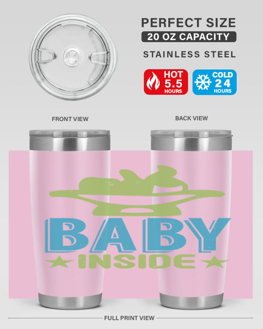 Baby Inside Style 153# 20oz tumbler in stainless steel with a drink-thru lid, showcasing its sleek design and double wall vacuum insulation.