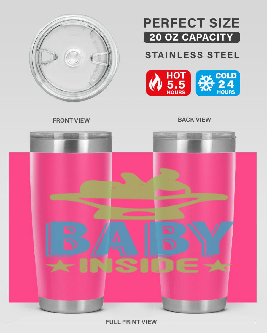 Baby Inside Style 153# 20oz tumbler in stainless steel with a drink-thru lid, showcasing its sleek design and double wall vacuum insulation.