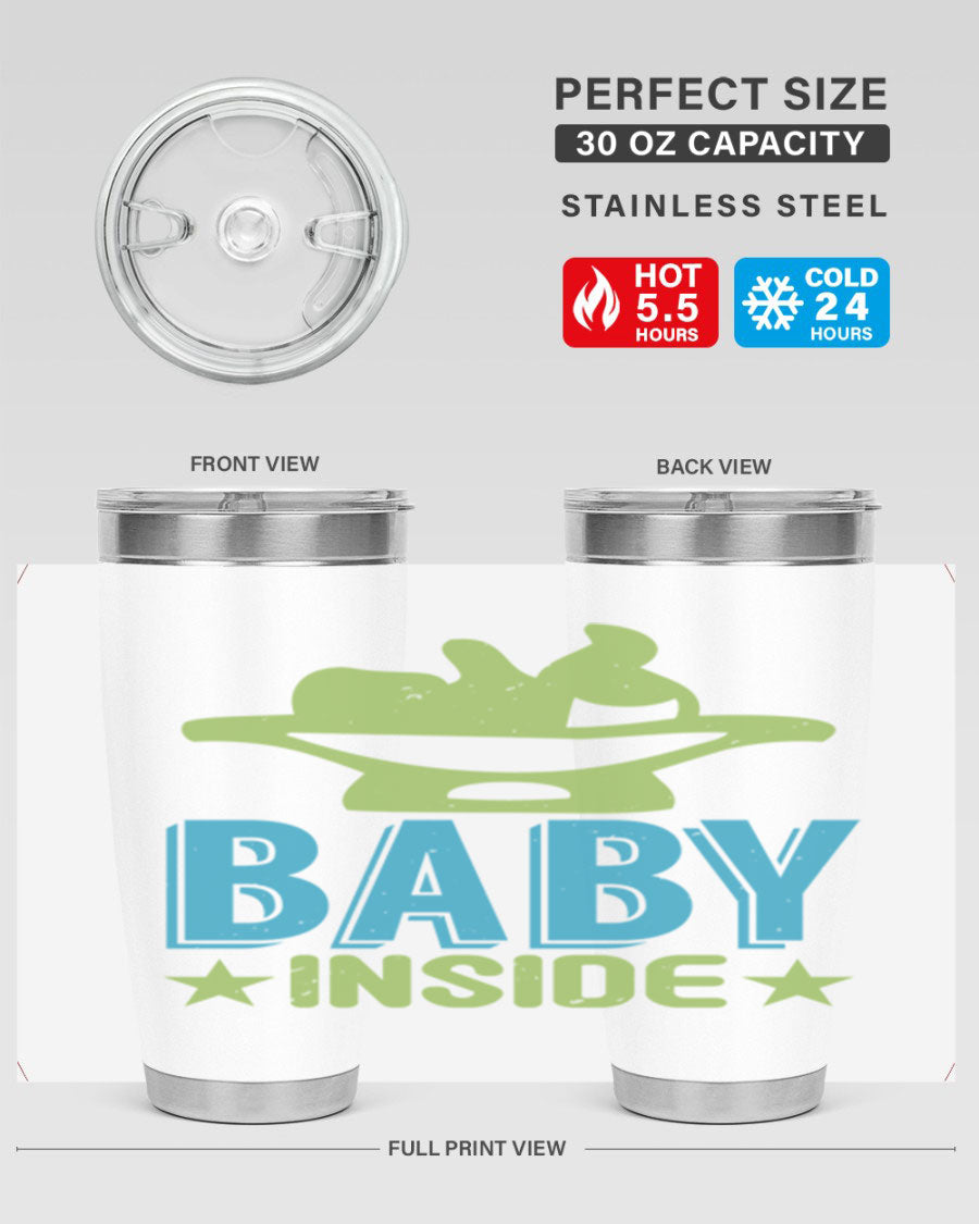 Baby Inside Style 153# 20oz tumbler in stainless steel with a drink-thru lid, showcasing its sleek design and double wall vacuum insulation.