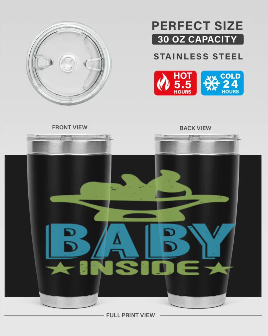 Baby Inside Style 153# 20oz tumbler in stainless steel with a drink-thru lid, showcasing its sleek design and double wall vacuum insulation.