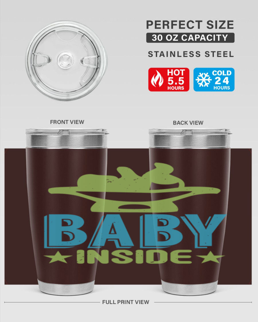 Baby Inside Style 153# 20oz tumbler in stainless steel with a drink-thru lid, showcasing its sleek design and double wall vacuum insulation.