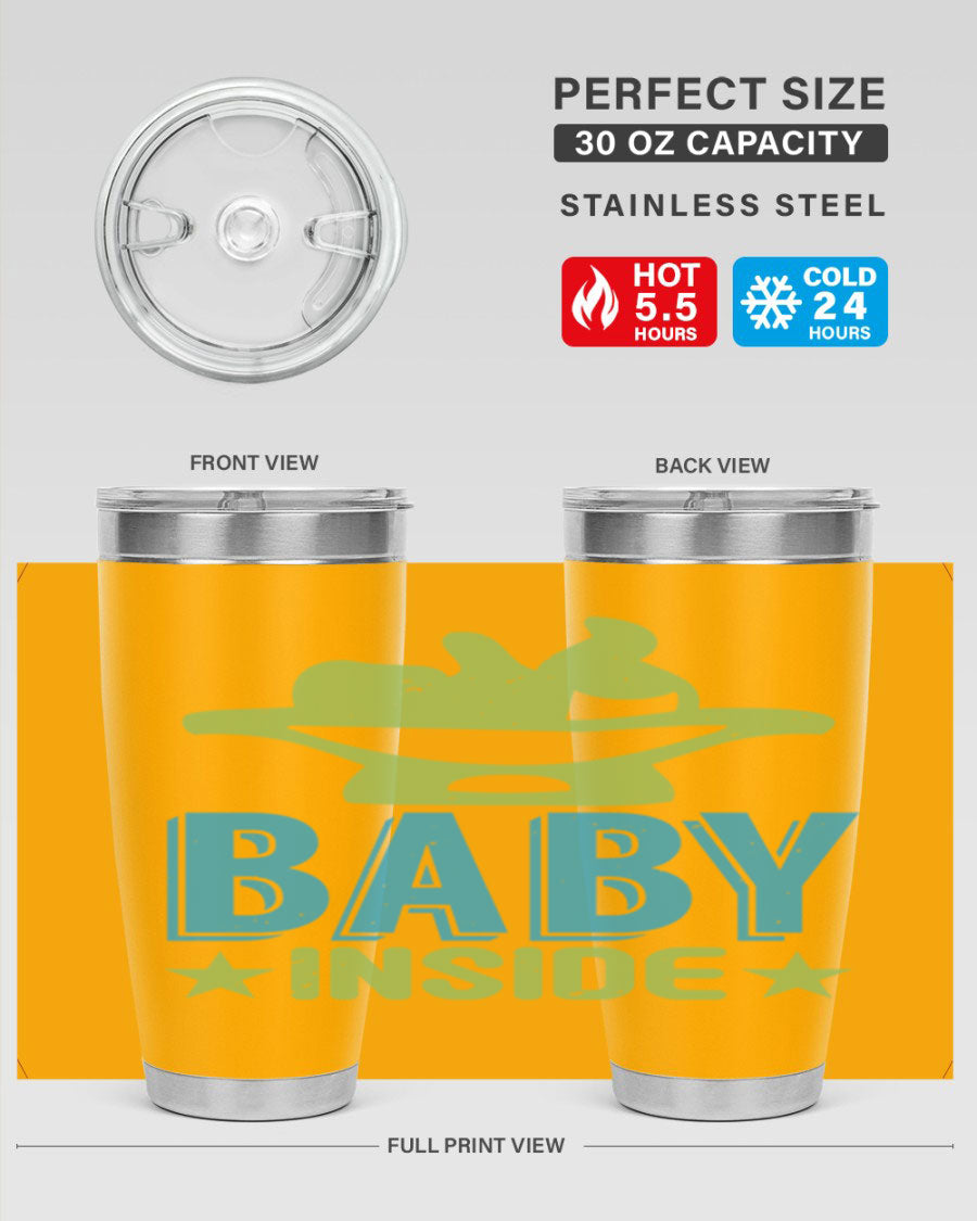 Baby Inside Style 153# 20oz tumbler in stainless steel with a drink-thru lid, showcasing its sleek design and double wall vacuum insulation.