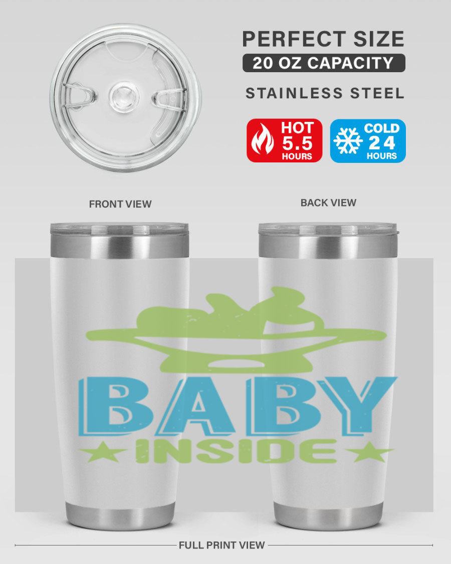 Baby Inside Style 153# 20oz tumbler in stainless steel with a drink-thru lid, showcasing its sleek design and double wall vacuum insulation.