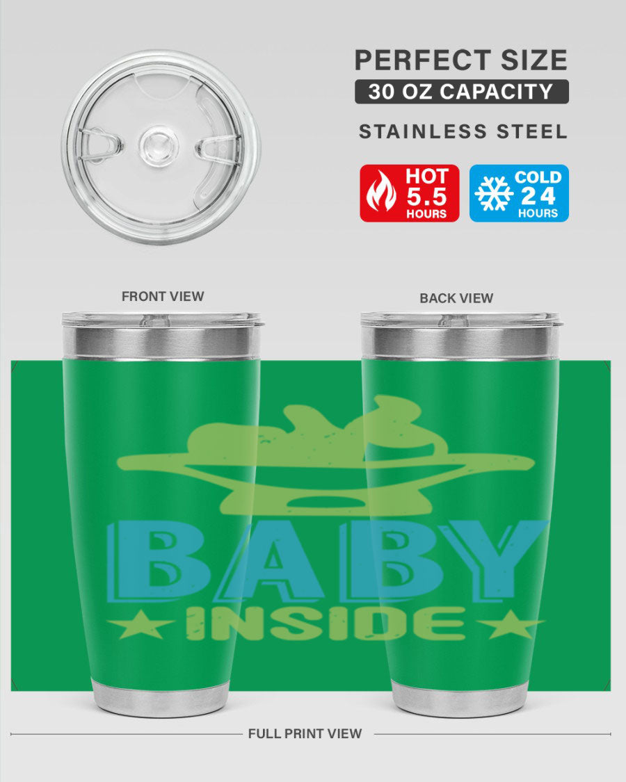 Baby Inside Style 153# 20oz tumbler in stainless steel with a drink-thru lid, showcasing its sleek design and double wall vacuum insulation.