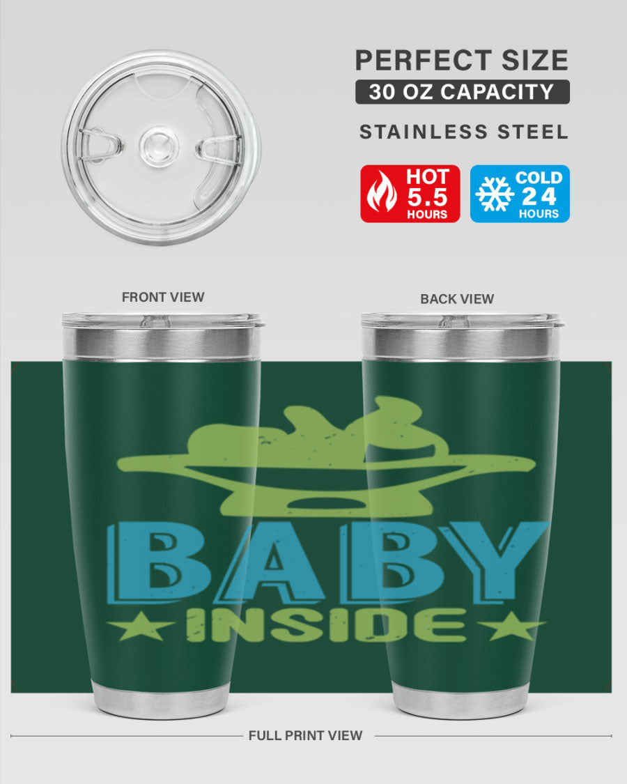 Baby Inside Style 153# 20oz tumbler in stainless steel with a drink-thru lid, showcasing its sleek design and double wall vacuum insulation.