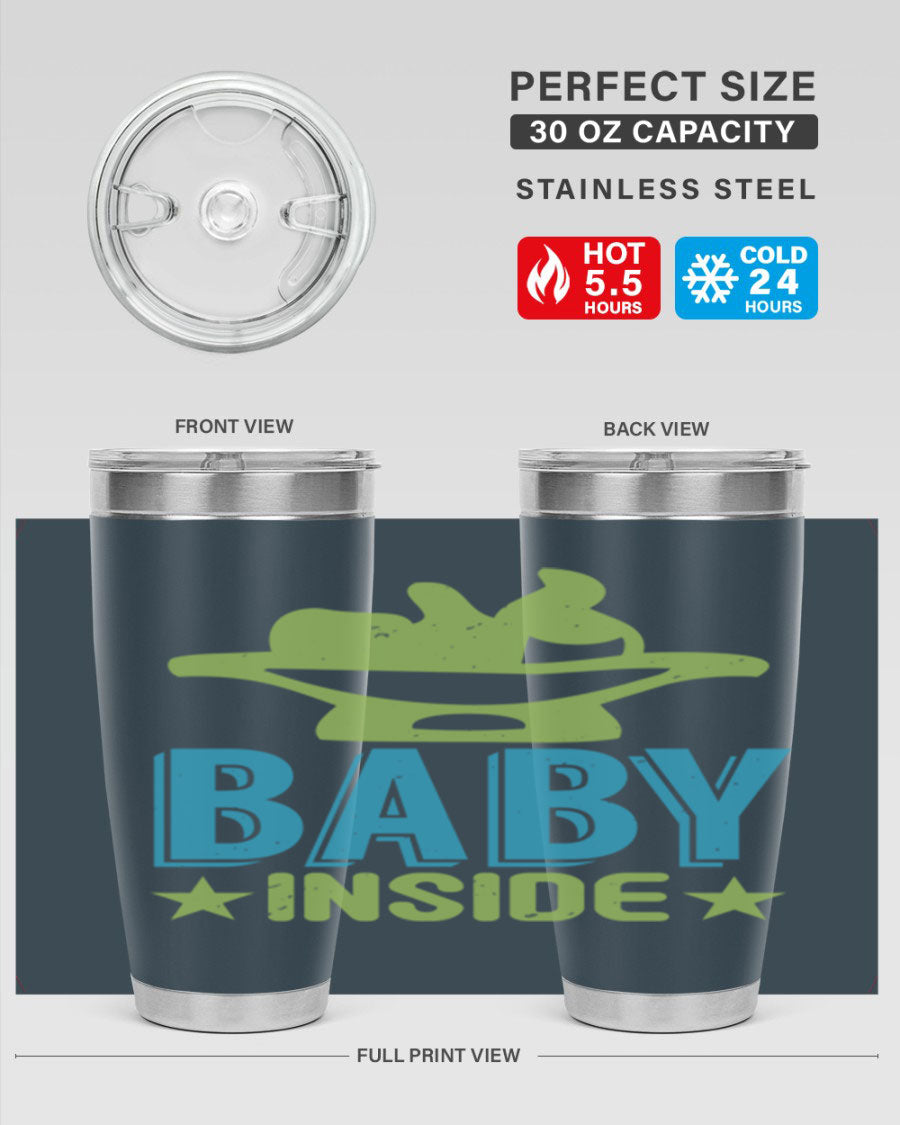 Baby Inside Style 153# 20oz tumbler in stainless steel with a drink-thru lid, showcasing its sleek design and double wall vacuum insulation.