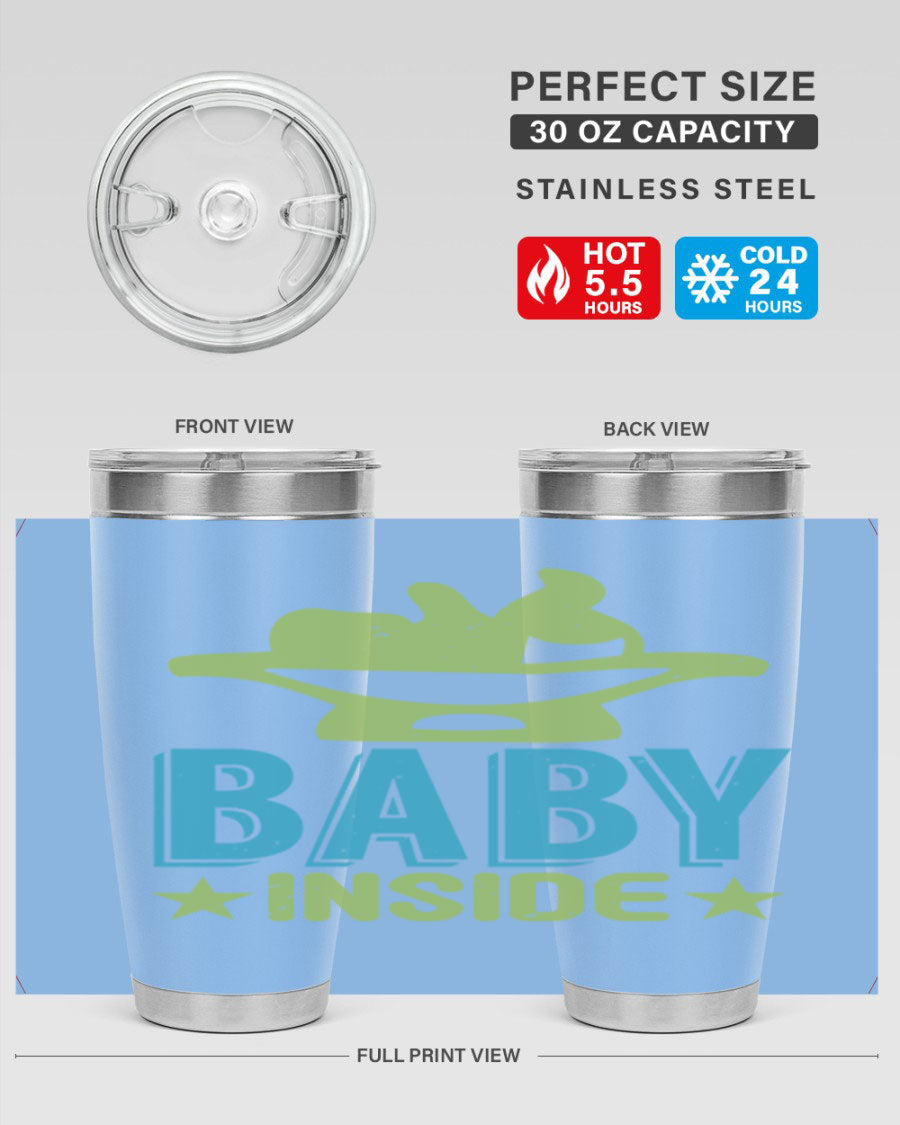 Baby Inside Style 153# 20oz tumbler in stainless steel with a drink-thru lid, showcasing its sleek design and double wall vacuum insulation.