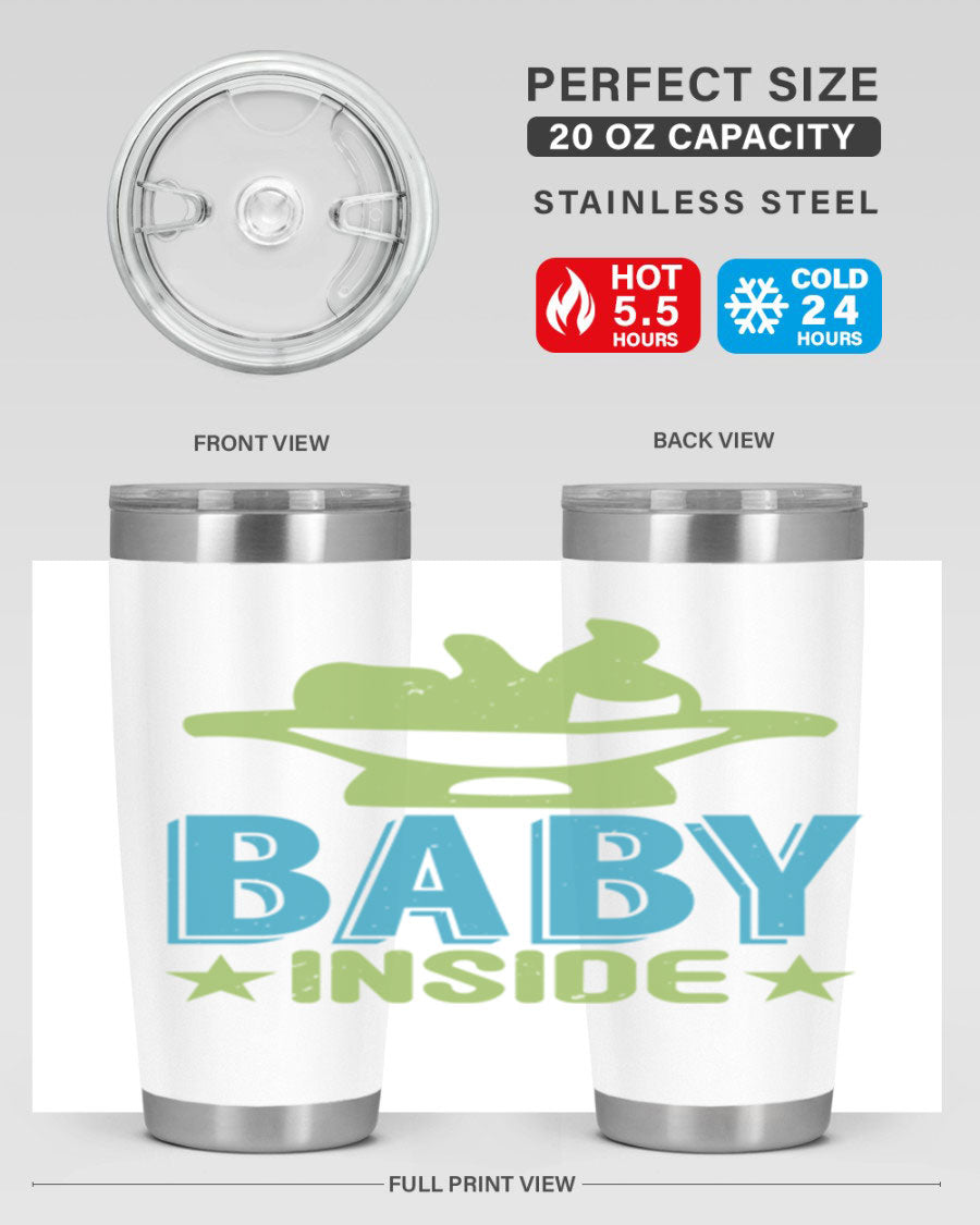 Baby Inside Style 153# 20oz tumbler in stainless steel with a drink-thru lid, showcasing its sleek design and double wall vacuum insulation.