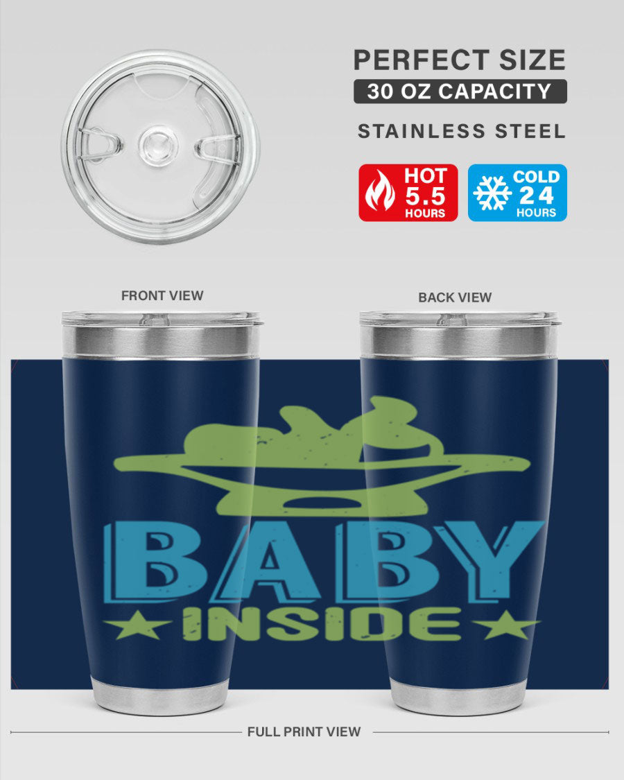 Baby Inside Style 153# 20oz tumbler in stainless steel with a drink-thru lid, showcasing its sleek design and double wall vacuum insulation.