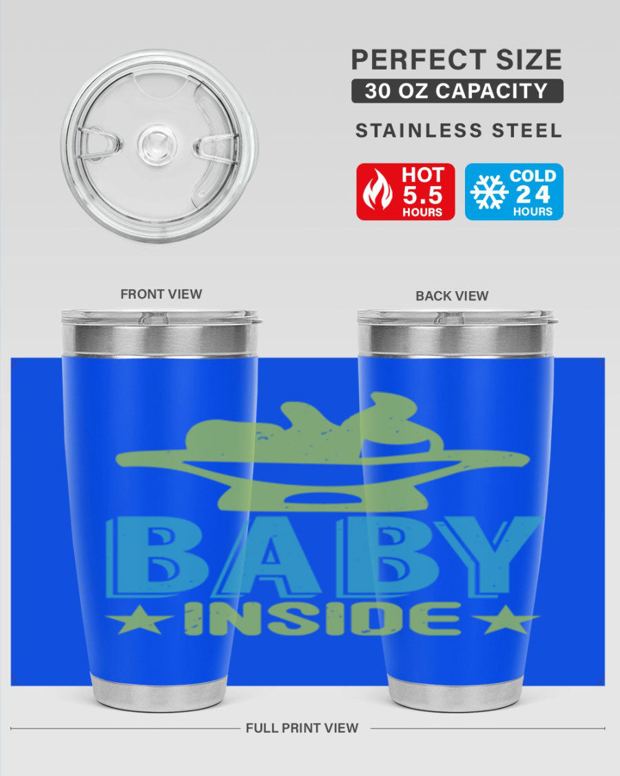 Baby Inside Style 153# 20oz tumbler in stainless steel with a drink-thru lid, showcasing its sleek design and double wall vacuum insulation.