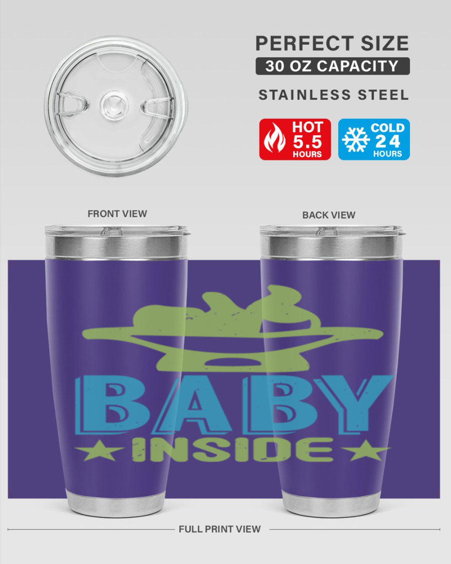 Baby Inside Style 153# 20oz tumbler in stainless steel with a drink-thru lid, showcasing its sleek design and double wall vacuum insulation.