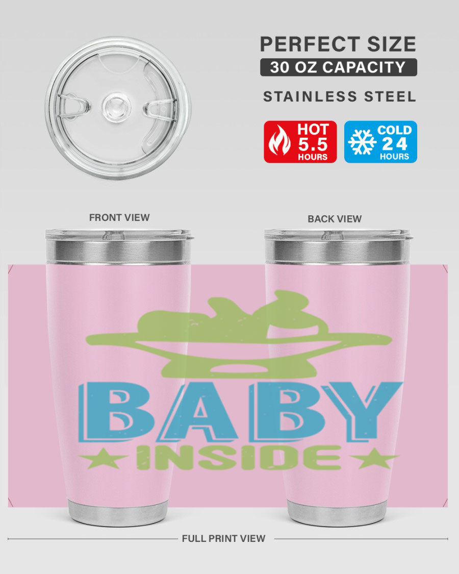 Baby Inside Style 153# 20oz tumbler in stainless steel with a drink-thru lid, showcasing its sleek design and double wall vacuum insulation.