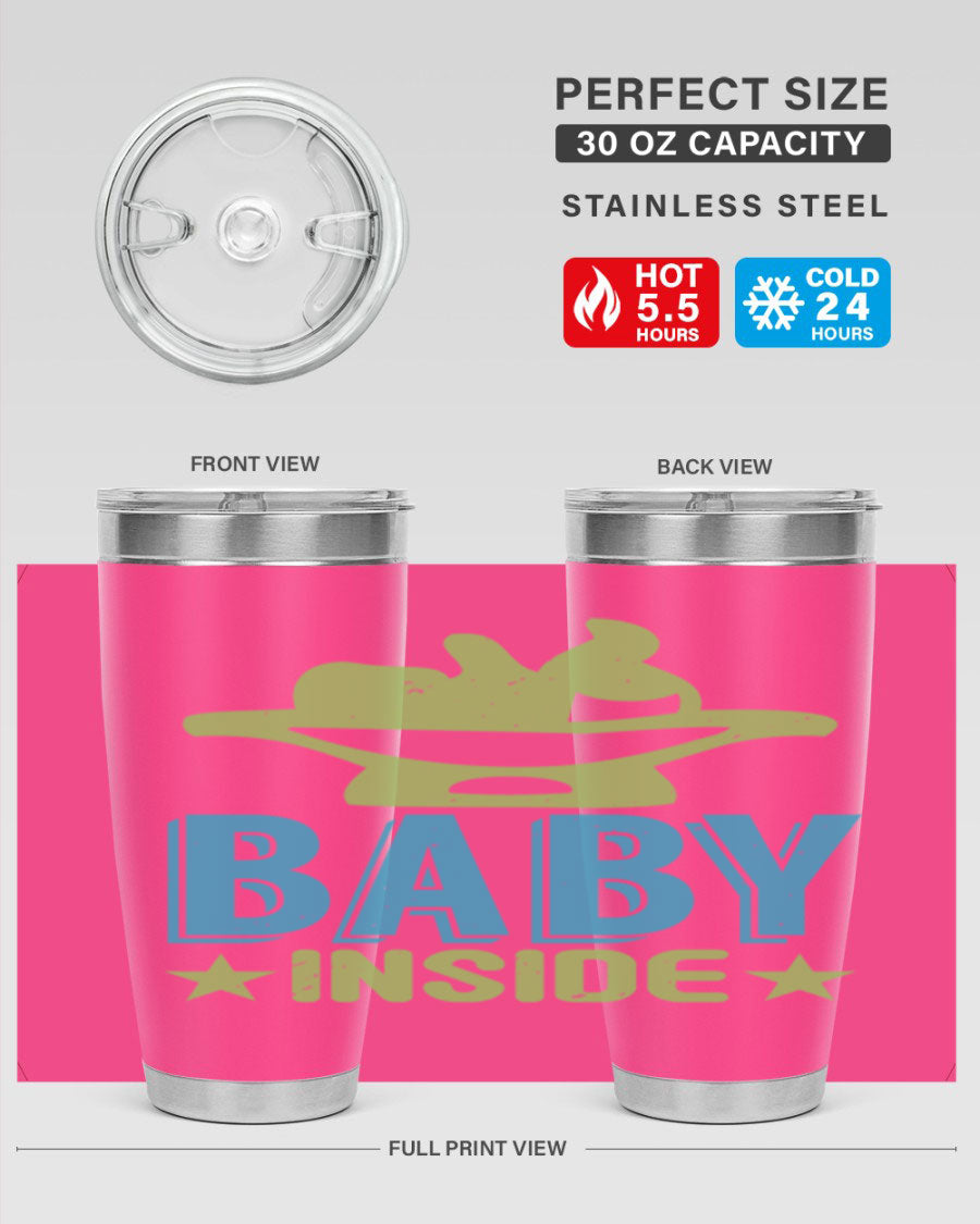 Baby Inside Style 153# 20oz tumbler in stainless steel with a drink-thru lid, showcasing its sleek design and double wall vacuum insulation.