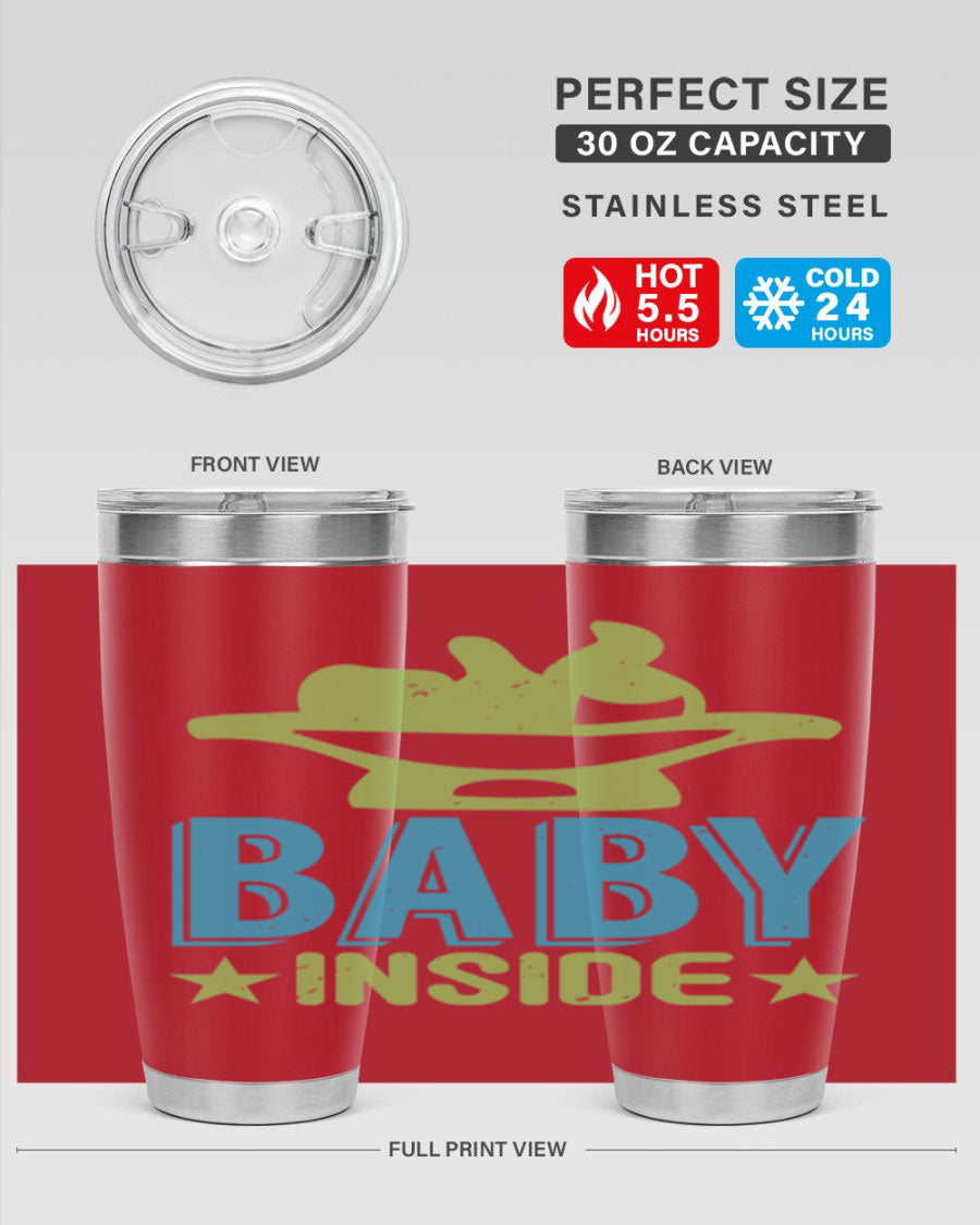 Baby Inside Style 153# 20oz tumbler in stainless steel with a drink-thru lid, showcasing its sleek design and double wall vacuum insulation.