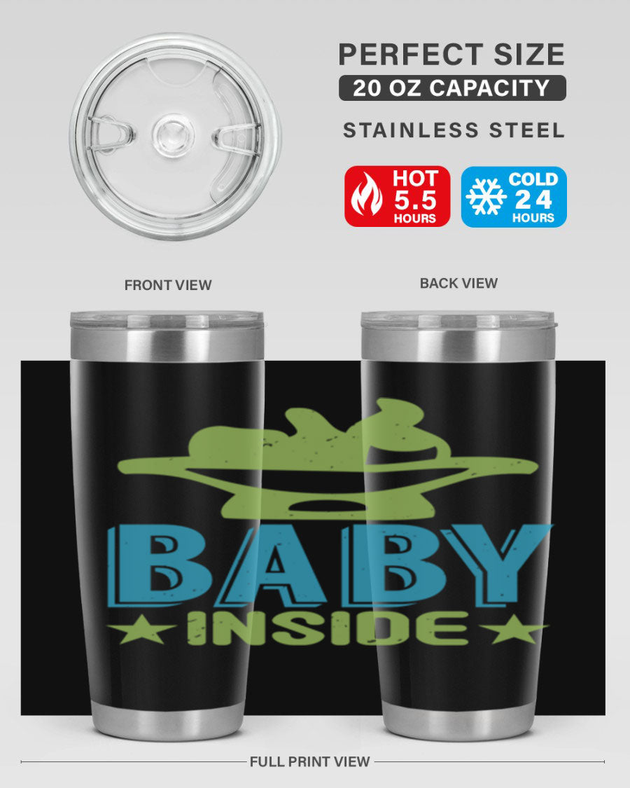 Baby Inside Style 153# 20oz tumbler in stainless steel with a drink-thru lid, showcasing its sleek design and double wall vacuum insulation.