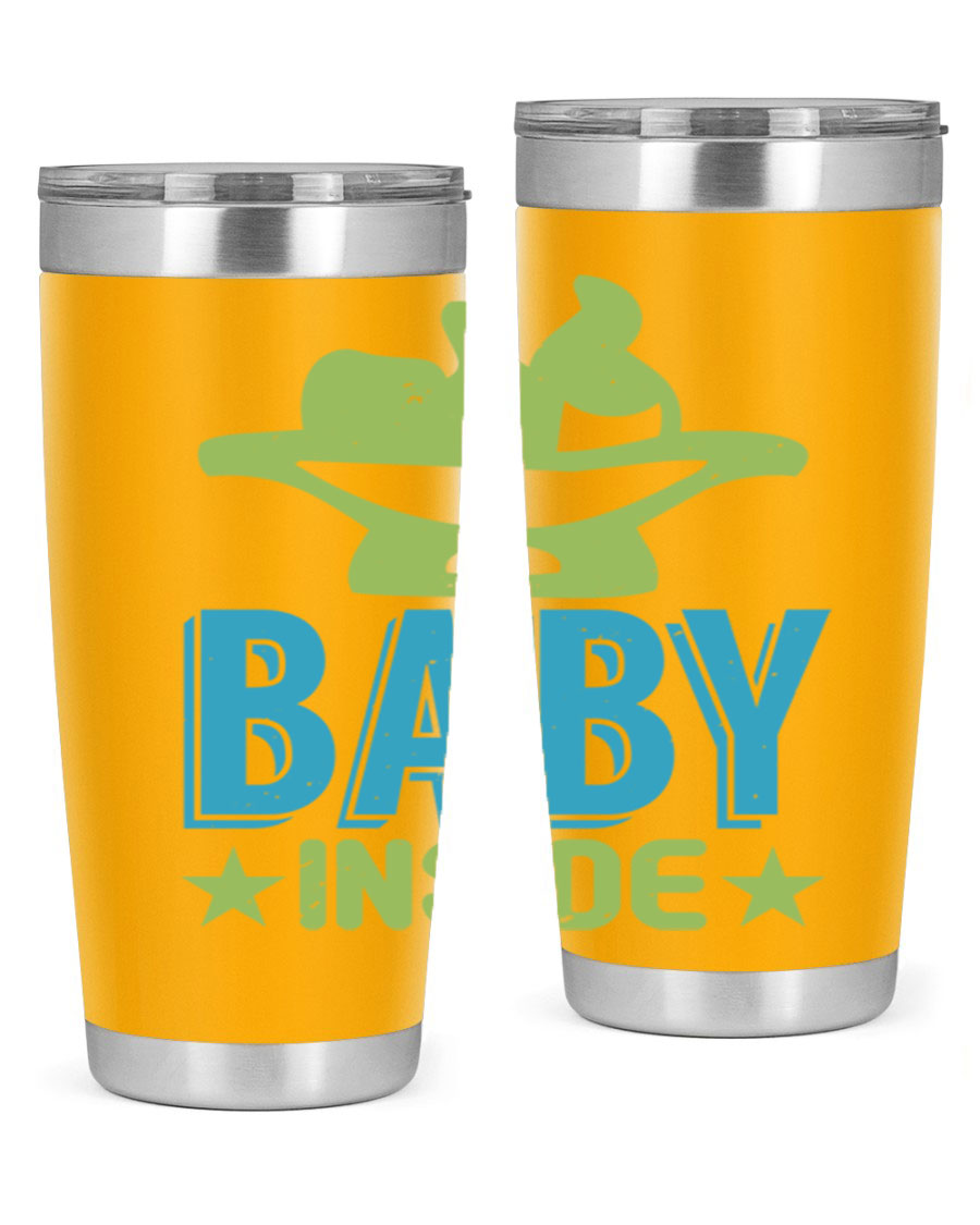 Baby Inside Style 153# 20oz tumbler in stainless steel with a drink-thru lid, showcasing its sleek design and double wall vacuum insulation.