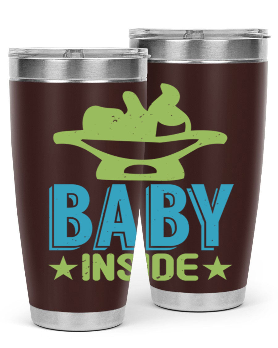 Baby Inside Style 153# 20oz tumbler in stainless steel with a drink-thru lid, showcasing its sleek design and double wall vacuum insulation.