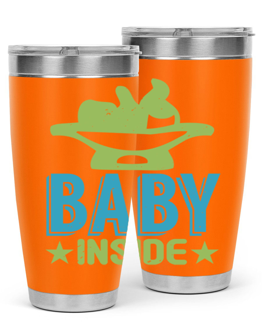 Baby Inside Style 153# 20oz tumbler in stainless steel with a drink-thru lid, showcasing its sleek design and double wall vacuum insulation.