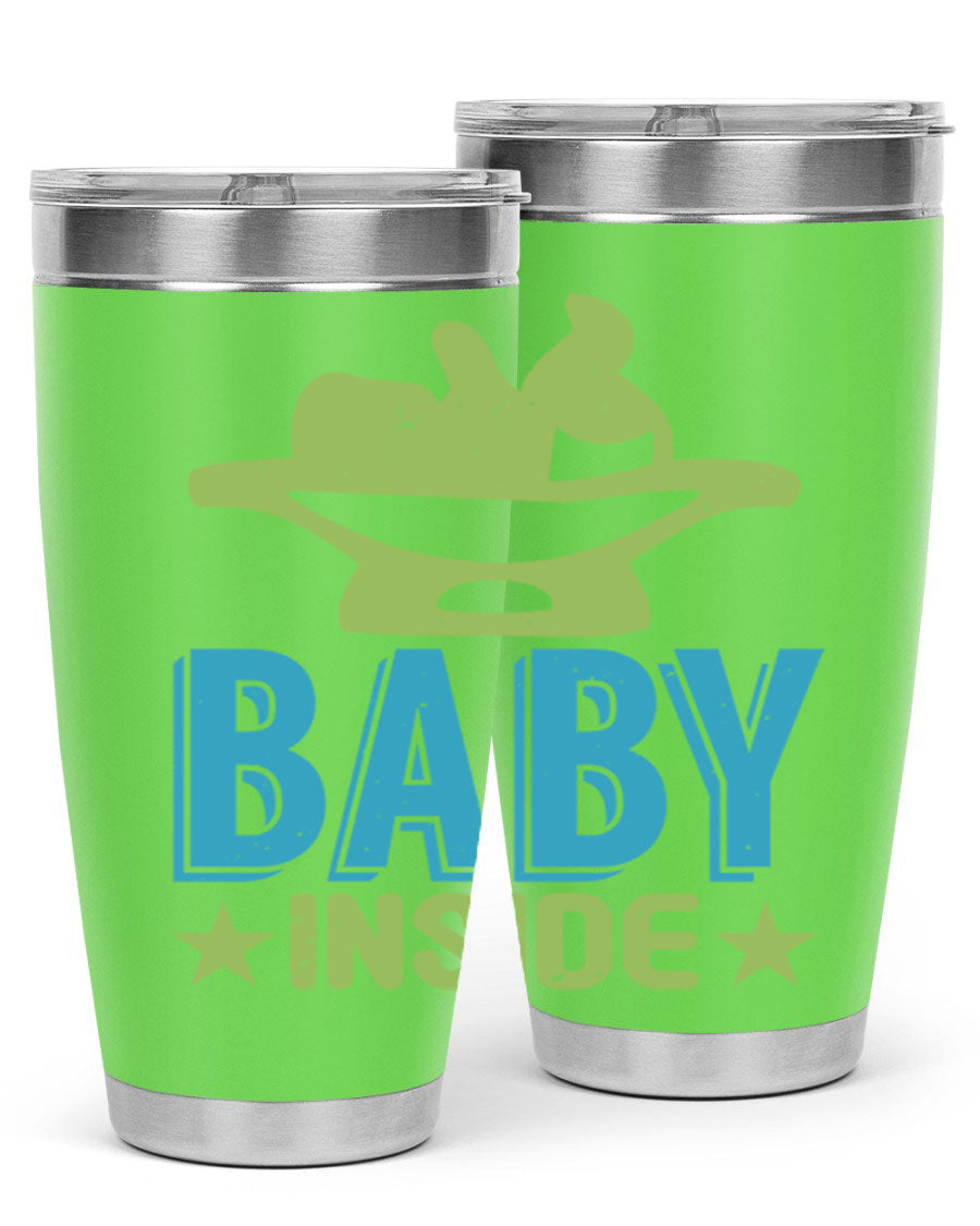 Baby Inside Style 153# 20oz tumbler in stainless steel with a drink-thru lid, showcasing its sleek design and double wall vacuum insulation.