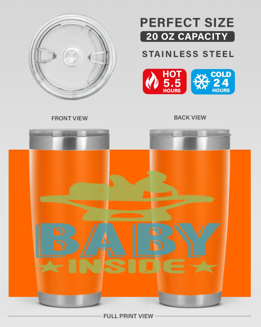 Baby Inside Style 153# 20oz tumbler in stainless steel with a drink-thru lid, showcasing its sleek design and double wall vacuum insulation.