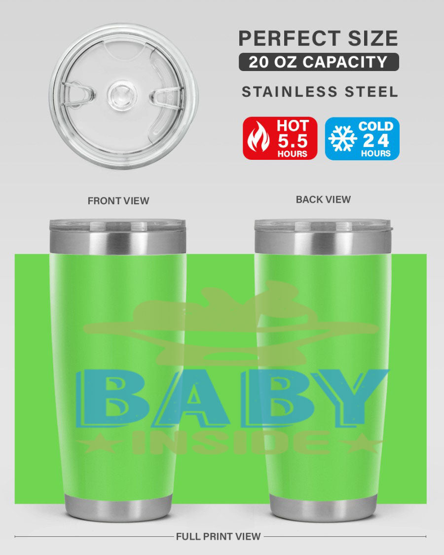 Baby Inside Style 153# 20oz tumbler in stainless steel with a drink-thru lid, showcasing its sleek design and double wall vacuum insulation.