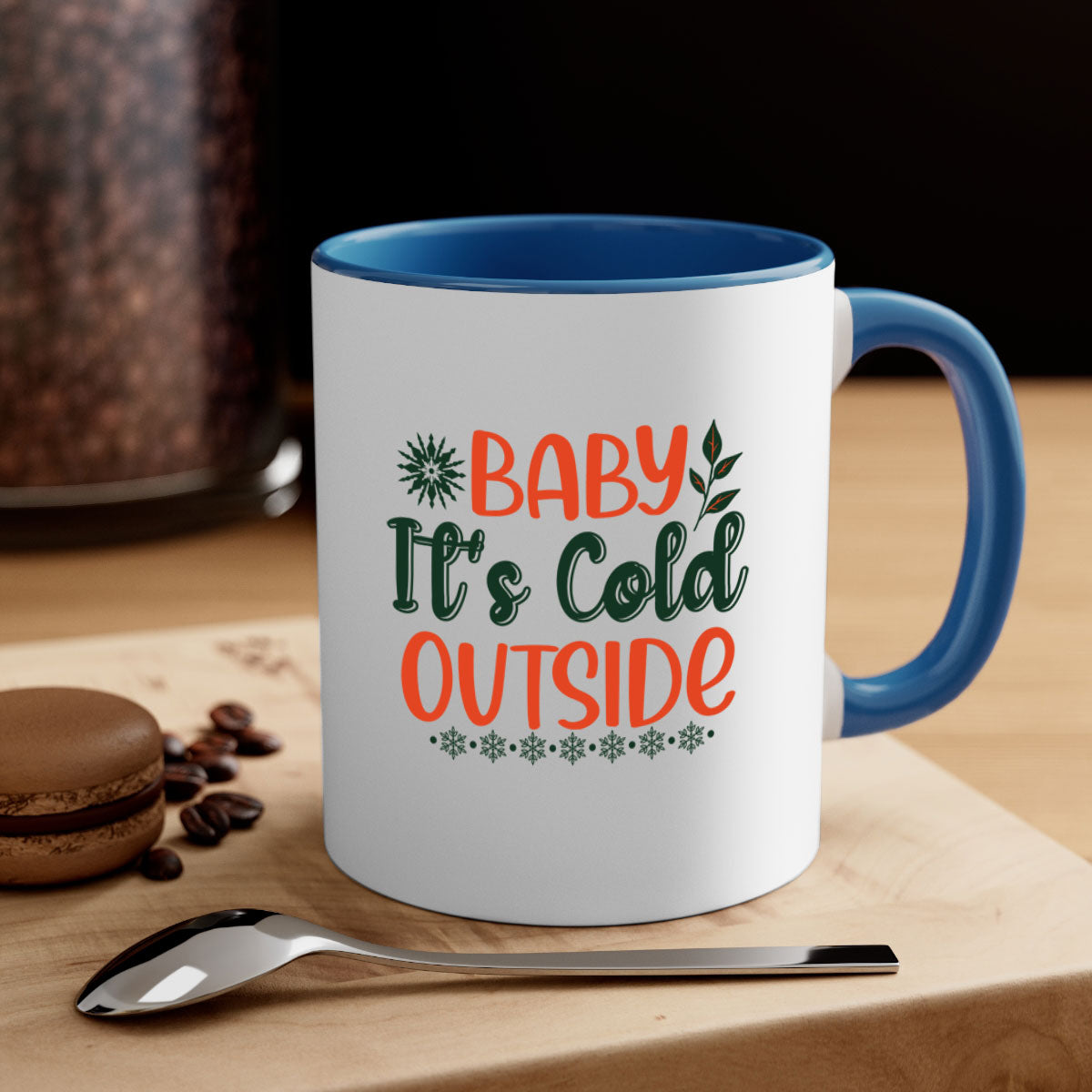 Baby It's Cold Outside 17# winter mug with a glossy finish, featuring a colored handle and interior, available in multiple colors.