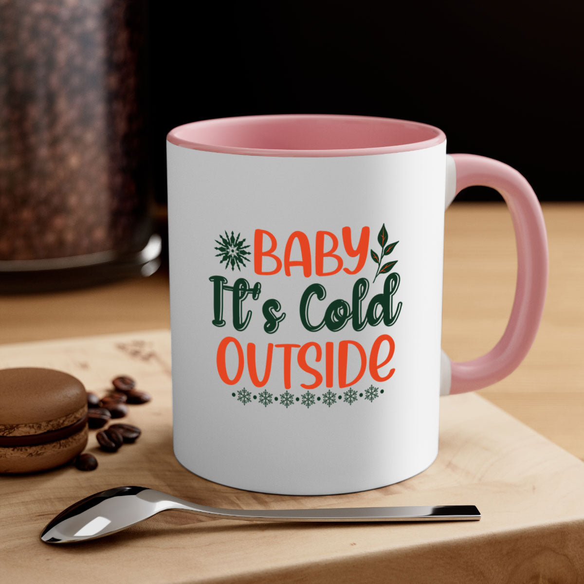 Baby It's Cold Outside 17# winter mug with a glossy finish, featuring a colored handle and interior, available in multiple colors.