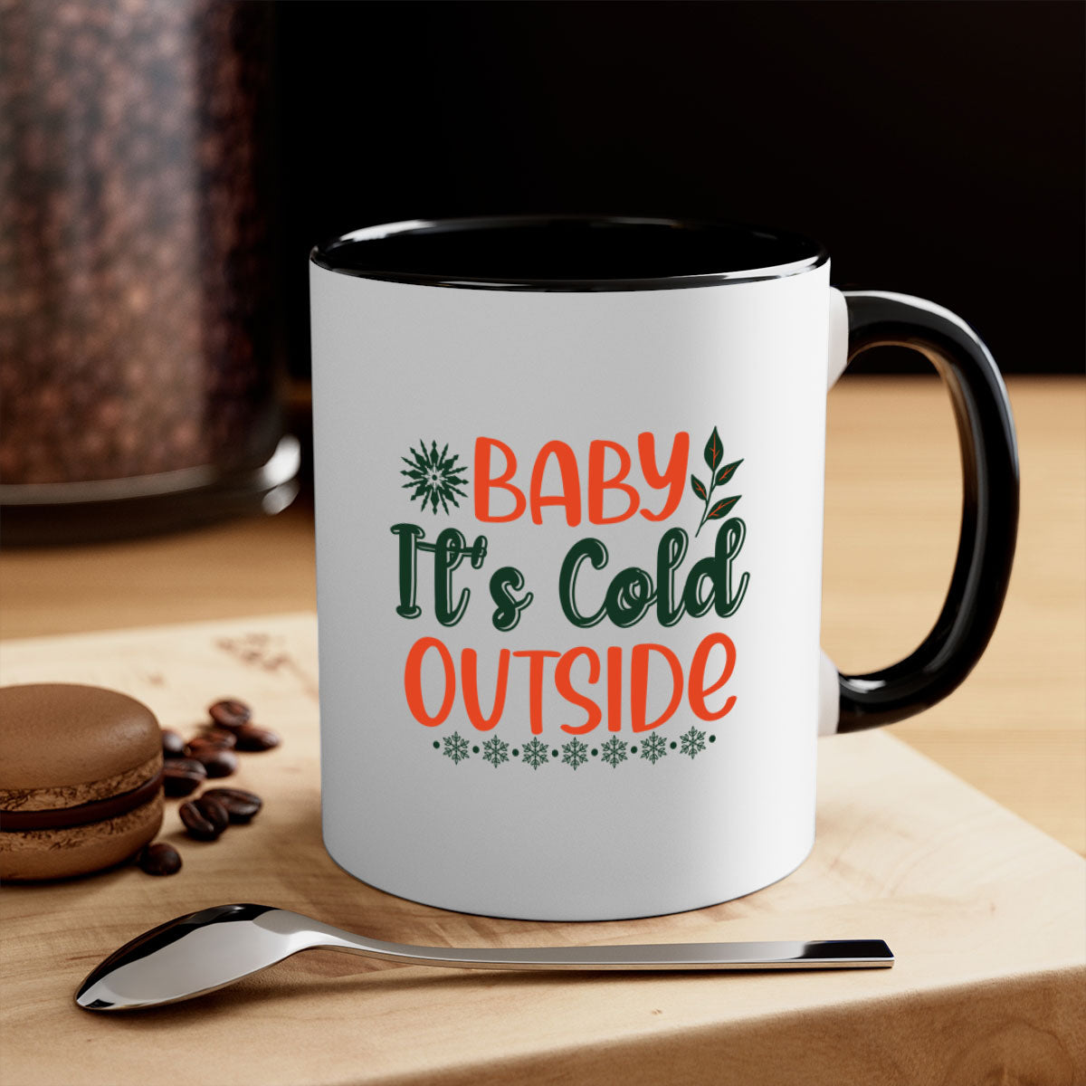 Baby It's Cold Outside 17# winter mug with a glossy finish, featuring a colored handle and interior, available in multiple colors.