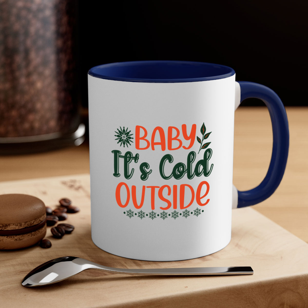 Baby It's Cold Outside 17# winter mug with a glossy finish, featuring a colored handle and interior, available in multiple colors.